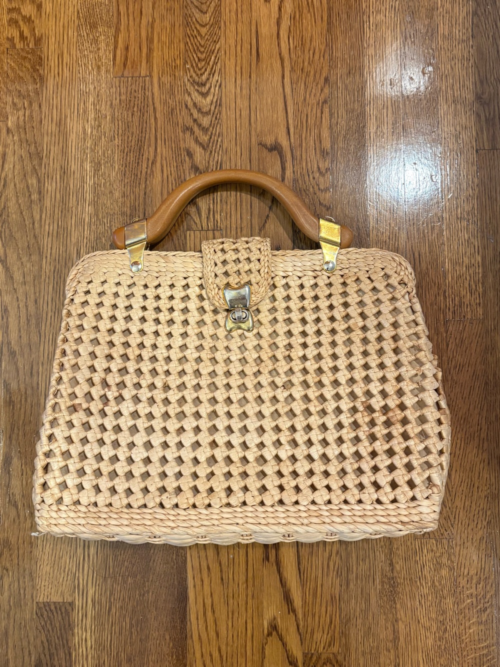 Vintage Made in Italy Woven Straw Top-Handle Bag in Natural Beige